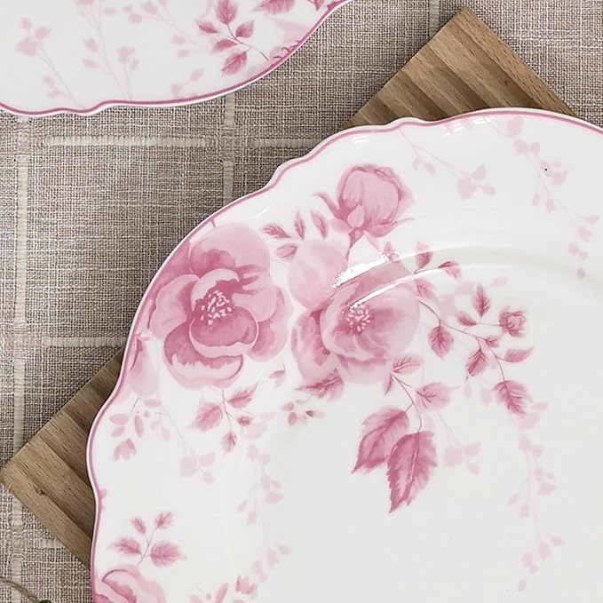 fanquare Pink Floral Dinner Plate Sets of 4, 10.5 Inch Large Round Porcelain Pasta Appetizer Steak Serving Dishes for Microwave & Dishwasher Safe