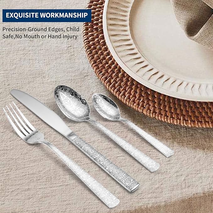 24 Piece Silver Flatware Set, Delicate Patterns,Stainless Steel Flatware Set for 6, Dishwasher Safe, Rust Resistant, Restaurants and Home Use