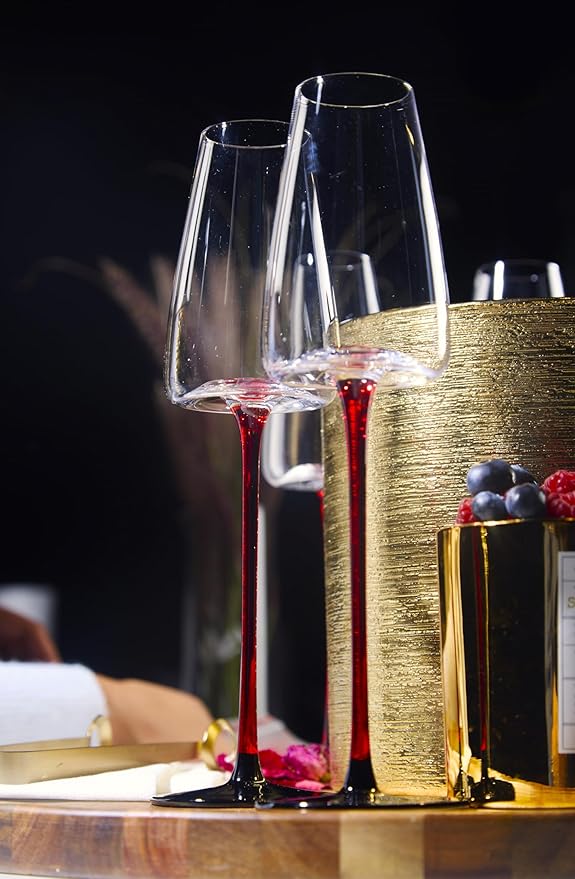 LEMONSODA Concave Champagne & Wine Glasses - Modern Red Stem & Black Bottom for Sparkling Wine, Rosé, Prosecco, Champagne – Handcrafted Barware, Perfect for gift (9oz, Set of 4)
