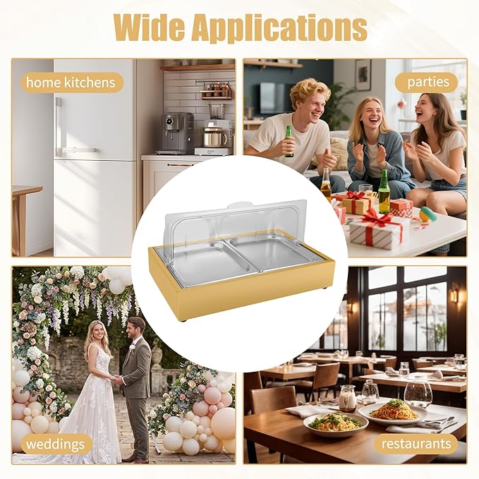 Ice Food Serving Display Tray, 3L 2 Pan Spice Display Salad Dressing Cooler Food Dishes Display Plate Case w/Clear Roll Top Cover for Outdoor Buffets Parties & Restaurant (Gold)