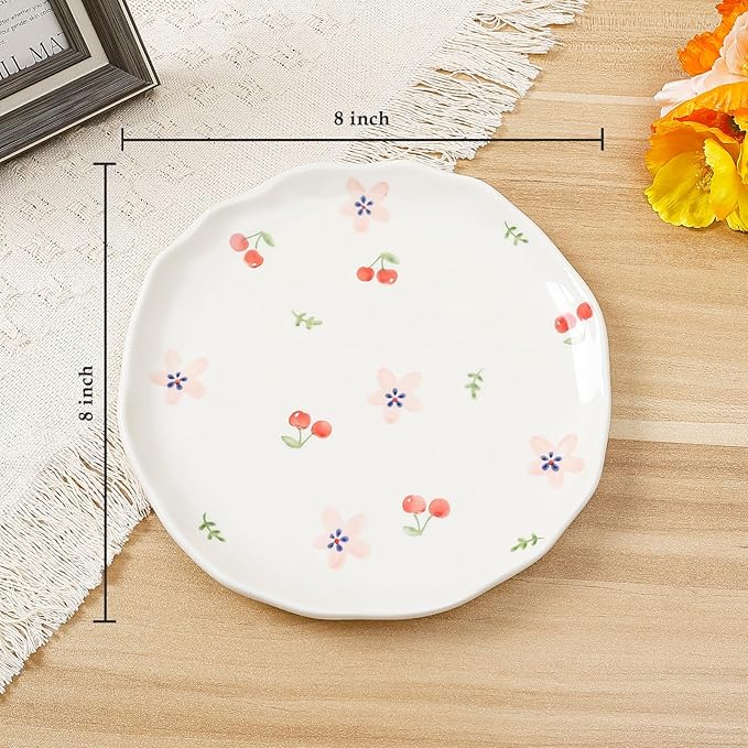 Koythin Floral Ceramic Dinner Plates, 8" Microwave Safe Dishes for Pasta, Modern Rustic Appetizer Plate for Salad Fruits Dessert Cake (Pink Flowers)