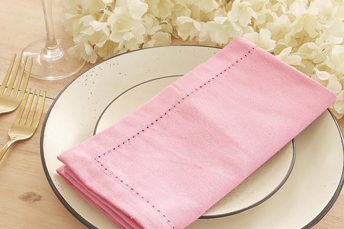 PurpleEssences Set of 12 Hemstitch Cloth Dinner Napkins 100% Cotton - Soft Durable Washable - Ideal for Wedding Spring Easter Summer - Perfect Everyday Use Table Linen 18x18 - Blush Pink