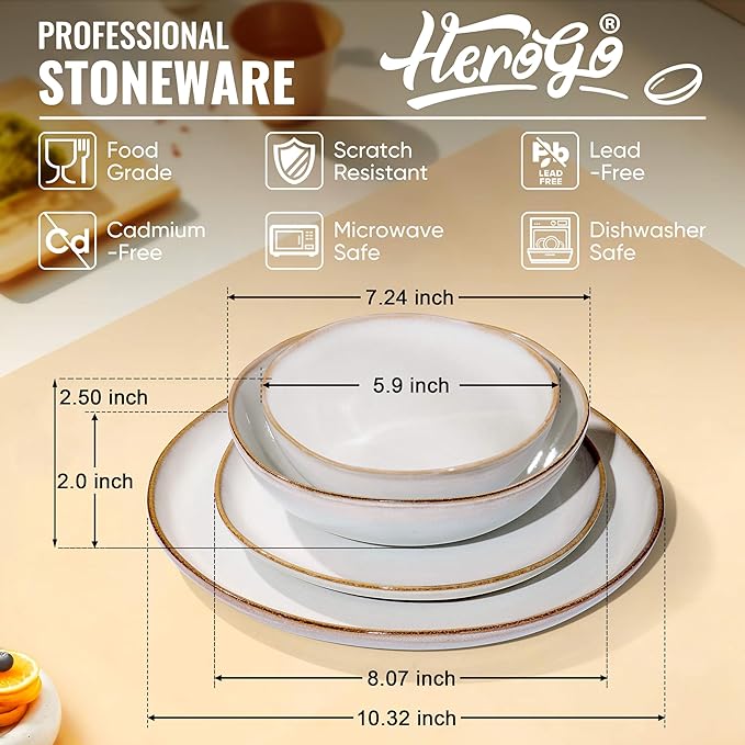 Herogo 24Pcs Plates and Bowls Dinner Set, Stoneware Dinnerware Dishes Sets for 6, Ceramic Dishware Tableware Includes Dinner Salad Plates, Soup Bowls, Microwave & Dishwasher Safe, Pearl White