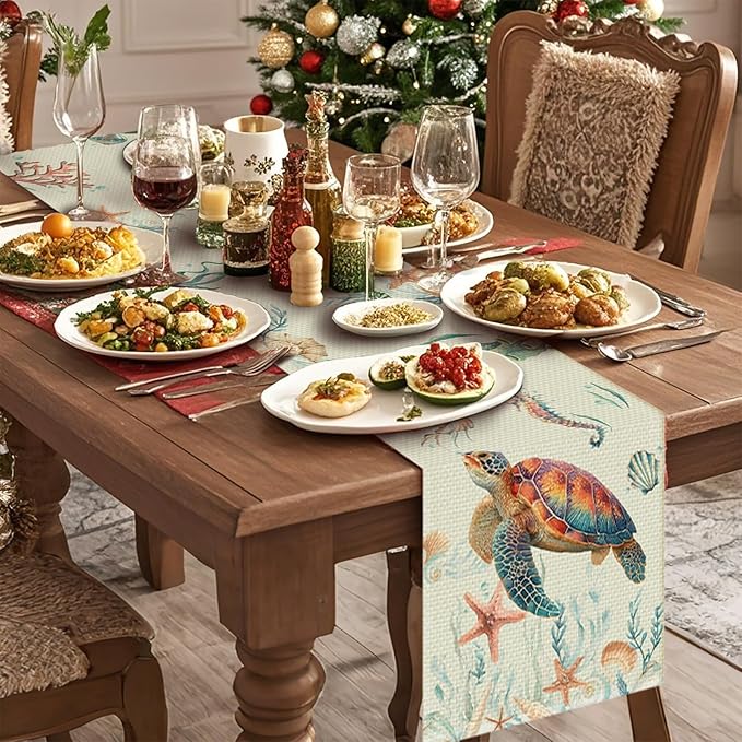 Sea Turtle Starfish Table Runner Seasonal Holiday Kitchen Dining Linen Table Decoration for Indoor Outdoor Home Party Decor 13 x 72 Inch