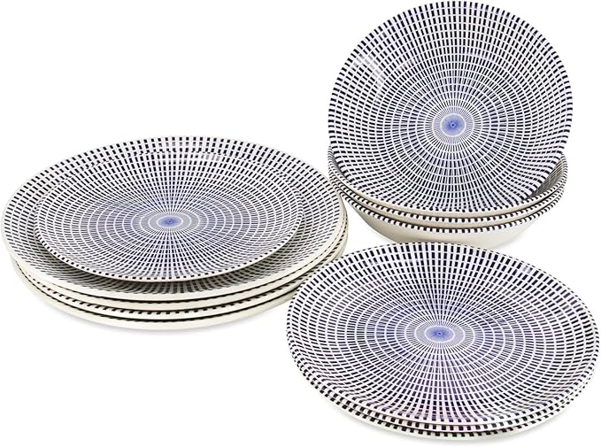 TUDOR ROYAL Porcelain 16-Piece Round Dinnerware Set, Service for 4, Singapore Blue Design, Blue Radial, Plates Bowls Mugs Dishes, Premium Quality Ceramic Tableware, Unique Pattern, Glossy