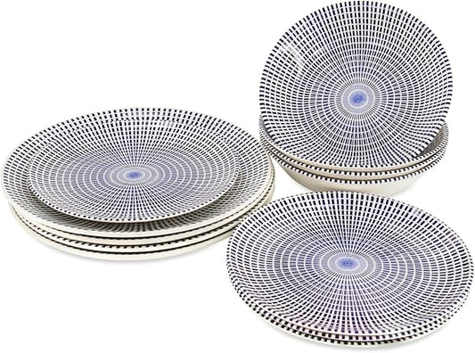 TUDOR ROYAL Porcelain 16-Piece Round Dinnerware Set, Service for 4, Singapore Blue Design, Blue Radial, Plates Bowls Mugs Dishes, Premium Quality Ceramic Tableware, Unique Pattern, Glossy