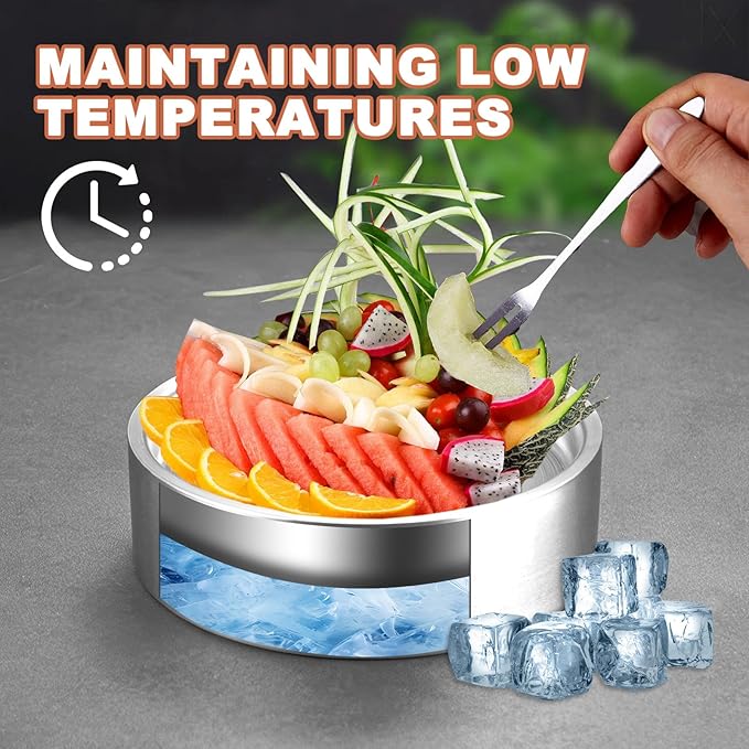 8.4" 304 Stainless Steel Cold Chilled Serving Tray with Ice Chamber, Silver Shrimp Cocktail Serving Dish, Appetizer Cooling Chilled Party Platter with Ice Underneath for Party Buffets (22cm)