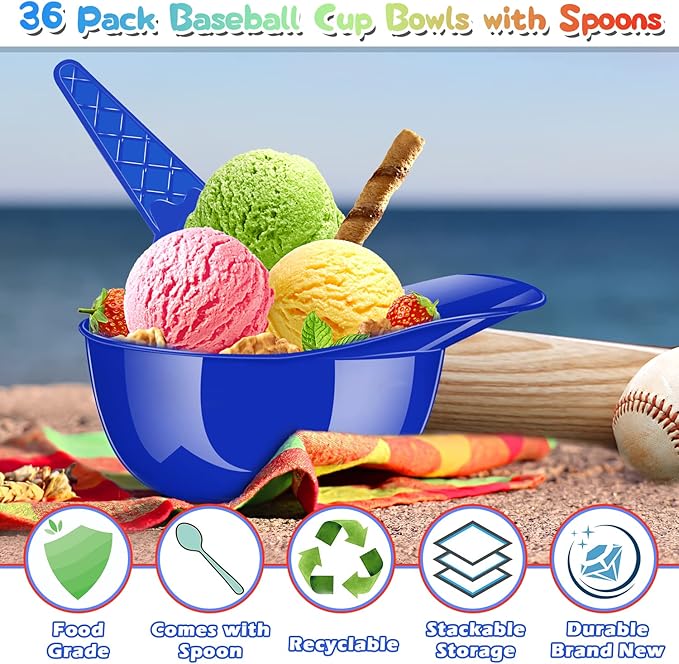 36 Pack Baseball Helmet Ice Cream Bowls 18pc Spoons and 18pc 8oz Mini Dessert Cups Sundae Bowl Parfait Cups Appetizer Cup, Reusable Serving Baseball Cup Bowls for Birthday Party