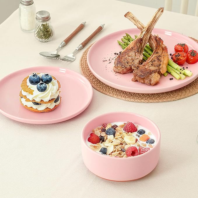6 Piece Dinnerware Sets for 2, Dual Glaze Stoneware Plates and Bowls Set, Microwave and Dishwasher Safe, Pink