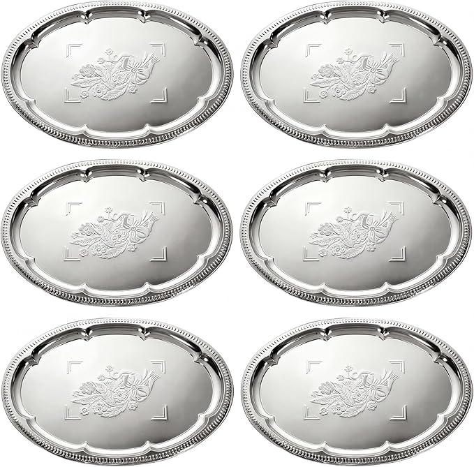 6 Pack Large Silver Serving Trays Set 15.7" x 11.8" Stainless Steel Floral Oval Tray Retro Vintage Platters for Birthday Wedding Party Tableware for Snack Whiskey Cookie Dessert Food Display