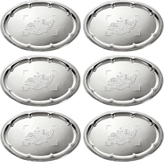 6 Pack Large Silver Serving Trays Set 15.7" x 11.8" Stainless Steel Floral Oval Tray Retro Vintage Platters for Birthday Wedding Party Tableware for Snack Whiskey Cookie Dessert Food Display