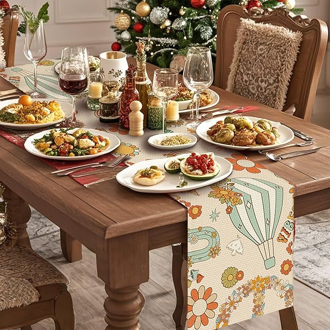 Retro Flowers Table Runner Seasonal Holiday Kitchen Dining Linen Table Decoration for Indoor Outdoor Home Party Decor 13 x 72 Inch