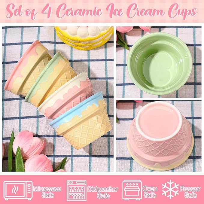Honeydak 4 Pcs Ice Cream Ceramic Bowls 9 oz Waffle Ice Cream Cups Reusable Sundae Dessert Snack Containers for Christmas Summer Kid Adult Birthday Home Yogurt Soup Bar Party Supplies