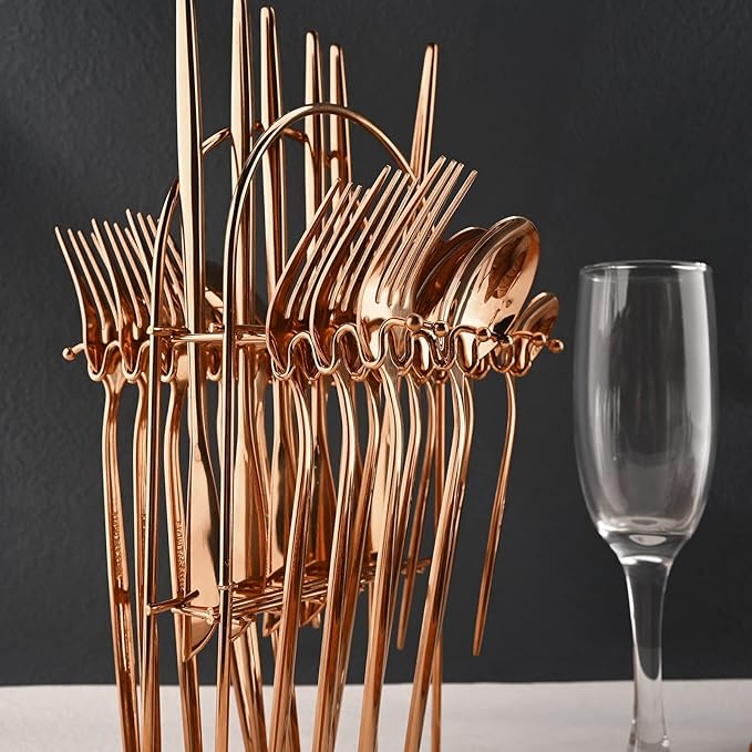 JASHII 24-Piece Stainless Steel Flat Flatware Set for 6, Fork Spoon Knife Set Eating Utensils Tableware with Holder for Kitchens Home and Restaurant, Dishwasher Safe - Rose Gold