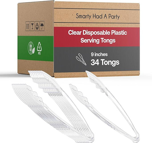 Disposable Plastic Serving Cutlery, Flatware Set, Dinnerware for Wedding, Birthday Party & Other Occasions (Clear, 9" Tongs (34 Tongs))