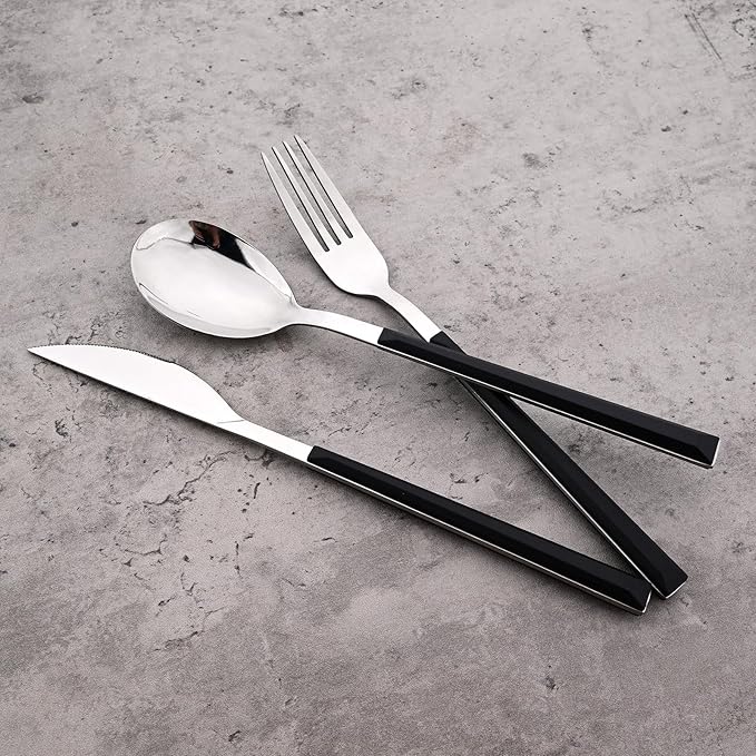 30pcs Modern Handle Flatware Set, Stainless Steel Cutlery Set Include Knife/Fork/Spoons, Mirror Polish, Service for 6 (Black Silver)