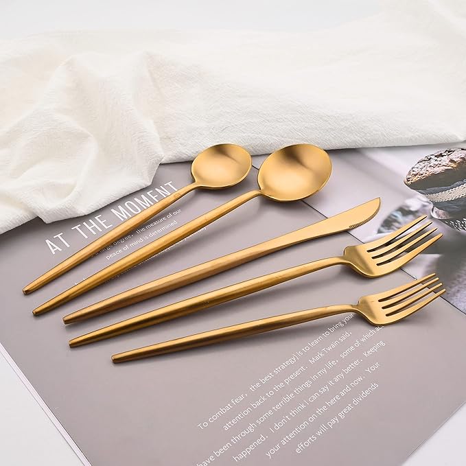 Flatware Set 18/10 Stainless Steel Matte Gold - Kitchen Utensil Serving Set of Dinner Fork Knife Spoons Salad Fork Dessert Spoon,5 Piece Set of 1, for Home Kitchen Restaurant Hotel