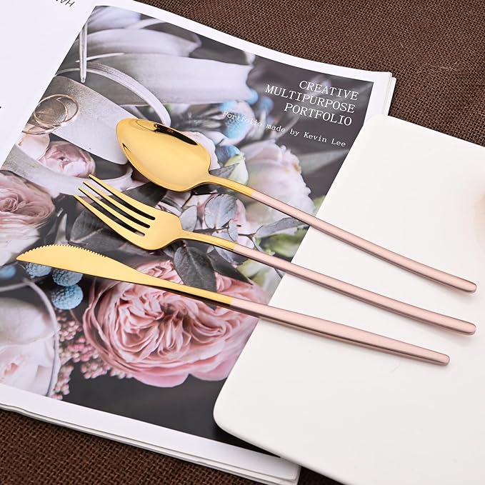36pcs Silverware Set, 18/10 Stainless Steel Serving Flatware With Curved Handle For 6, Durable Eating Utensils For Home Entertaining, Mirror Polished (Pink Gold)