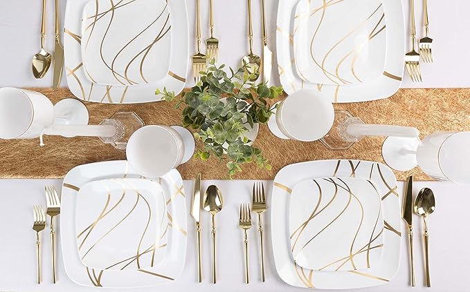 PLASTICPRO Square 32 Piece Combo Plates Set includes 16 x 7'' inch Salad Plates & 16 x 10'' inch Dinner Plates White Plastic with Gold impulse Design Party Plates, heavyweight Dishes,