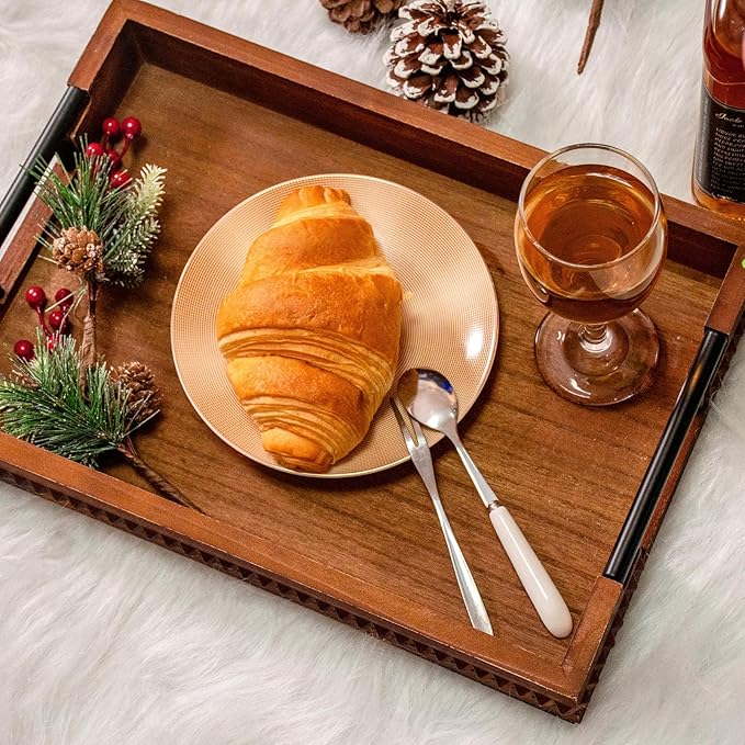 Wooden Serving Trays with Metal Handles Vintage Ottoman Tray 15 X 11 Wooden Retro Decorative Trays with Geometric Beads for Coffee Table & Home Decor (1 Pack)