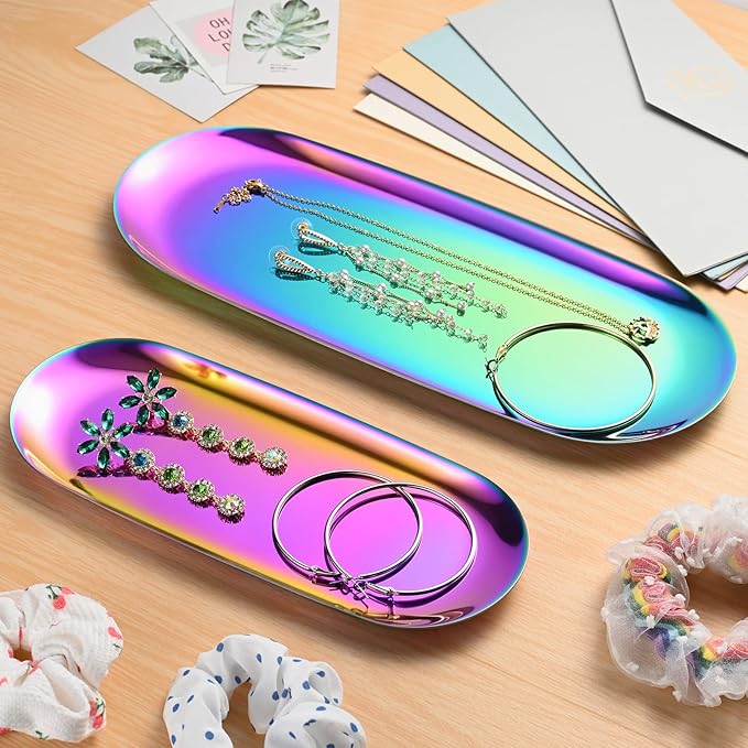 Set of 2 Rainbow Oval Stainless Steel Tray – Mini Coffee Table Tray for Jewelry, Cosmetics & Candles | Vacuum Coating – No Fading, No Discoloration