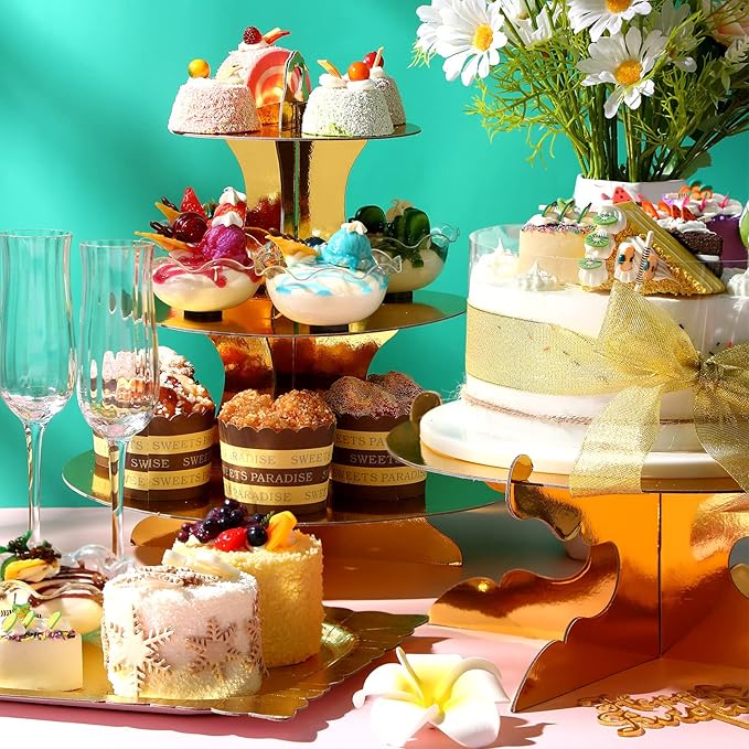 Zopeal 7 Pcs Dessert Table Display Set 3-Tier Cupcake Stand 1-Tier Cup Cake Display Tower Platters and Serving Trays Cardboard Cake Cookie Holders for Wedding Birthday Party Baby Shower(Gold)