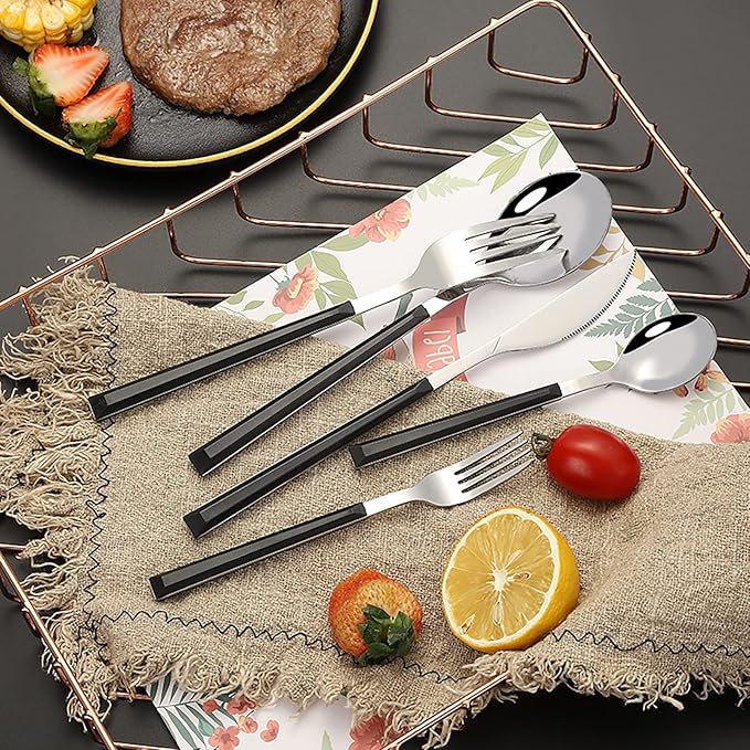 Stainless Steel Dinner Cutlery Set Elegant Flatware Serving Utensils 5 Pieces for Family Gatherings Wedding Picnics, Solid Stainless Steel (Black Handle)