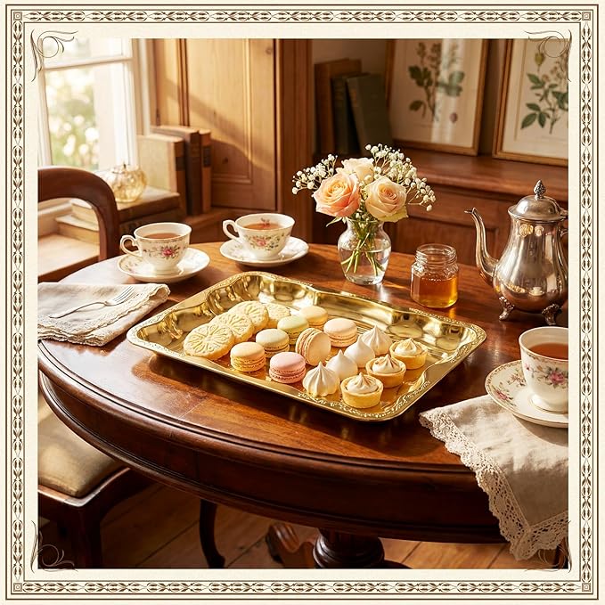 4 Pack Gold Serving Trays Set for Party, Butterfly Floral Gold Platter Engraved Mirror Tray, 15.8 x 11.6 Inches Elegant Metal Plate for Christmas Food Appetizer Cookies Desserts