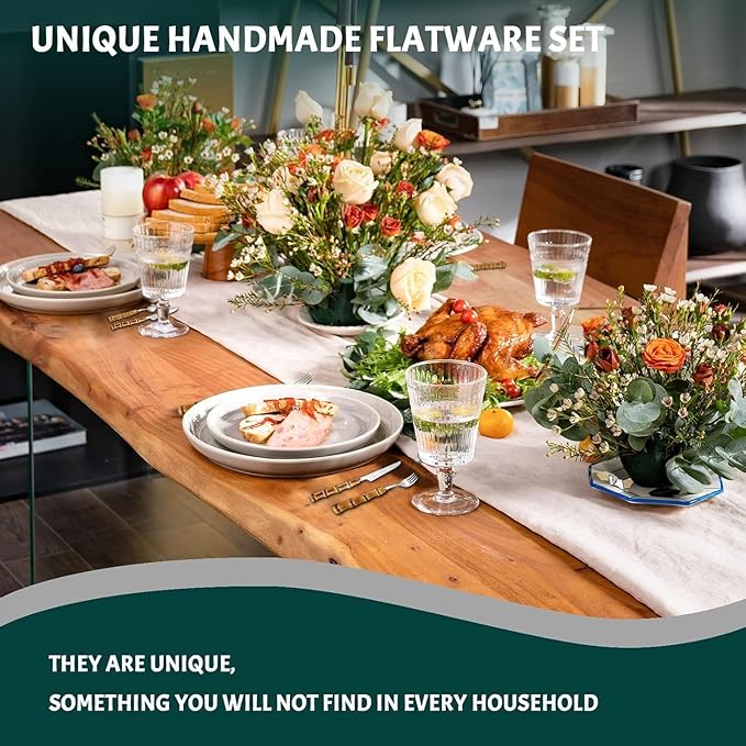 bamboo handle flatware sets for 12, 60 Piece Natural bamboo handle cutlery sets, silverware sets, dinnerware tableware set, Mirror Finished (60-Piece for 12)