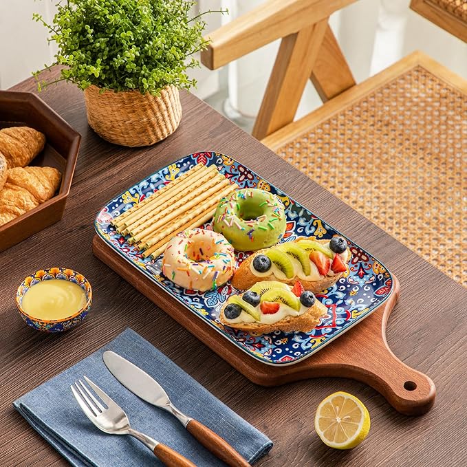 vancasso Serving Platters Set of 4, 12" x 7.4" Inch Rectangular Trays - Large Serving Dishes for Entertaining Food, Bohemian Ceramic Serving Trays for Party, Microwave & Dishwasher Safe, Vintage