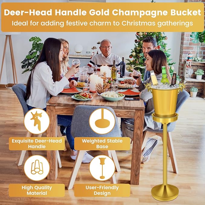 Ice Bucket with Stand,Gold Stainless Steel Champagne Ice Bucket,Deer Head Handle Wine Chiller Bucket for Christmas Wedding Bars,5L Wine Bucket on Stand for Cocktails Beer Sparkling Wine