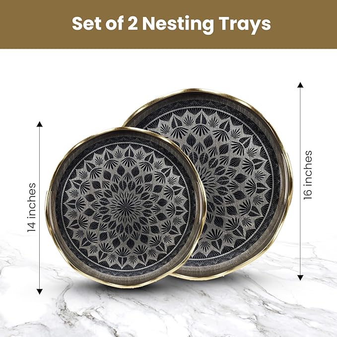 Round Serving Tray with with Handles Antique Look & Stylish Design Decorative Trays for Kitchen Round Ottoman Tray for Dinning Living Room & Home Decor Pack of 2 (Silver-Gold)