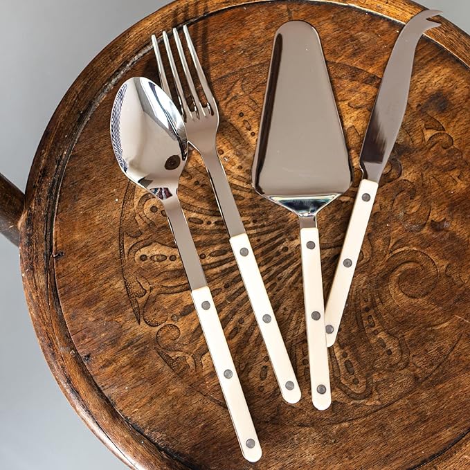 SABRE PARIS - 4-Piece Serving Set - Bistrot Collection - 2 Serving Flatware, Serrated Pie Server, Large Cheese Knife - Stainless Steel & Nylon - Dishwasher Safe - Ivory - Brilliant Finish