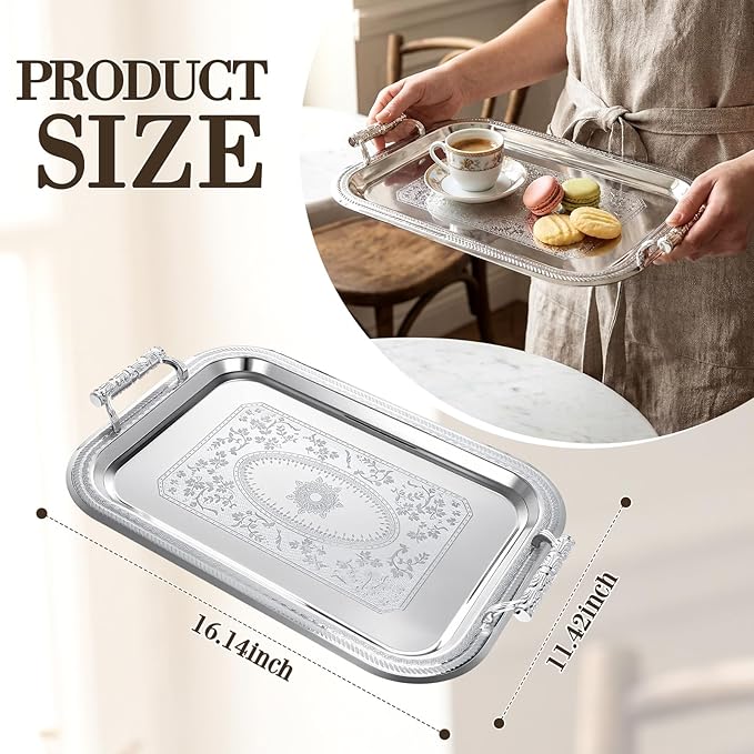 4 Pack Stainless Steel Serving Tray with Handle, 16 x 11.4 Inch Large Silver Plate Elegant Floral Metal Platter Tableware for Buffet Wedding Birthday Decorative