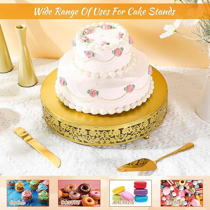 Wenqik 14 Inch Christmas Cake Stand Gold Metal Round Cupcake Dessert Stand with Cake Cutting, Spatula Xmas Cupcake Pastry Display Candy Holder Display for Xmas Wedding Birthday Party(flower, 14 Inch)
