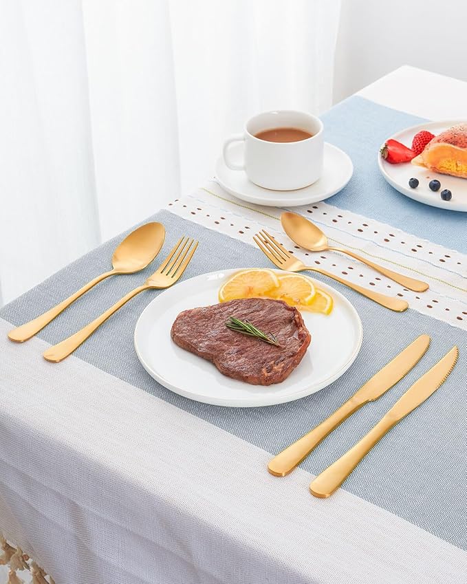 24-Pieces Matte Gold Silverware Set with Steak Knives,Stainless Steel Flatware Set,Cutlery Set Service for 6, Tableware Kitchen Utensil Set,Dishwasher Safe
