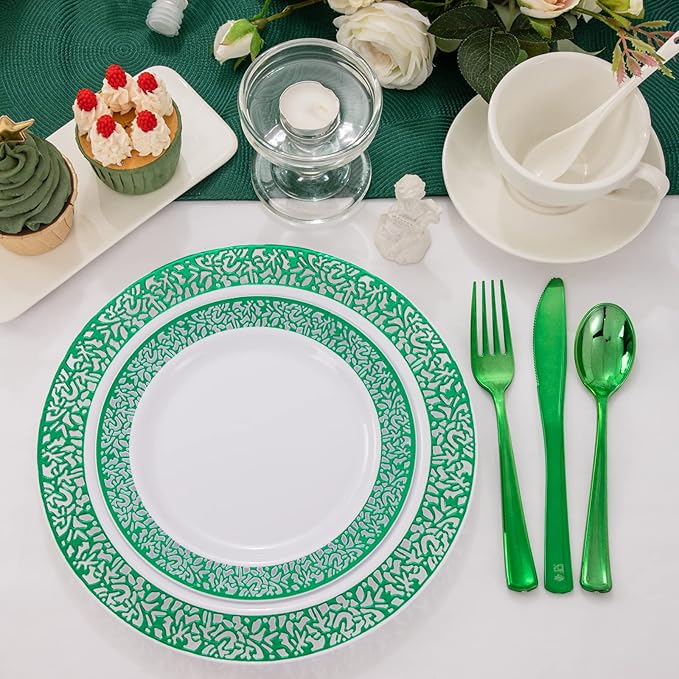 U-QE 150PCS Green Christmas Plastic Plates with Plastic Silverware, Green Christmas Disposable Plates for 30 Guests Include 30 Dinner Plates, 30 Salad Plates,30 Guests Silverware Perfect for Party