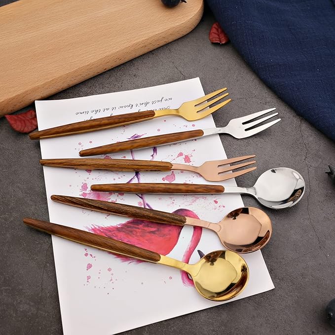 20-piece Wood Silverware Set for 4, Include Knife Fork Spoon, Stainless Steel Flatware Set with Wooden Handle, Mirror, Dishwasher Safe, for Home Kitchen Travel - Round Handle Gold