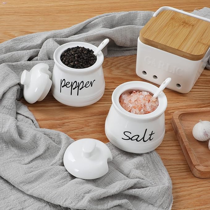 ONTUBE Ceramic Salt and Pepper Bowls with Lid and Spoon 12oz (White)