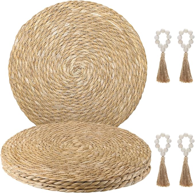 Woven Placemats Set of 4, 13.8" Natural Water Hyacinth Round Rattan Placemats with Wooden Beads Napkin Rings for Kitchen Dining Table Decor