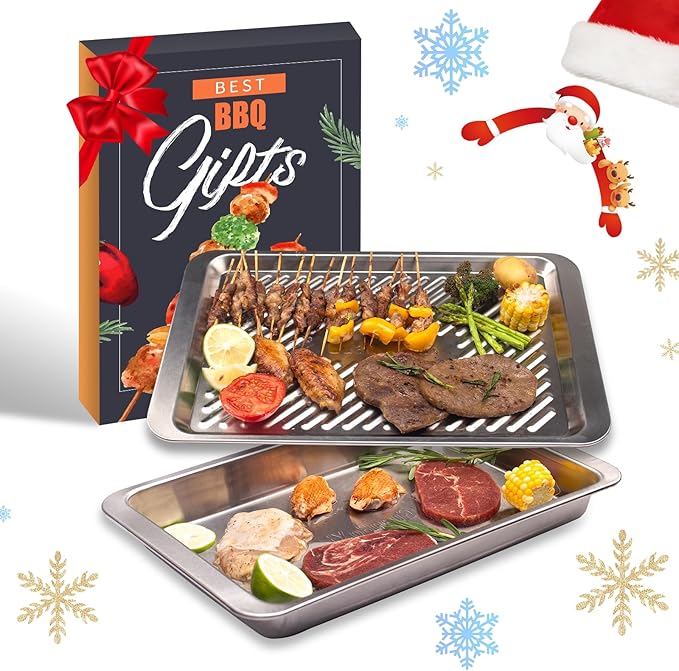 Grilling Prep and Serve Trays, Set of 2 Stackable Stainless Steel BBQ Trays Marinating Tray Serving Platter for Plating Food BBQ Prep Tub for Marinating Meats, Grill Accessories