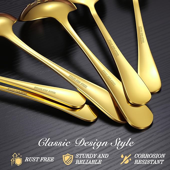 Mwellewm 14Pc Serving Utensils,Gold Stainless Steel Serving Spoons for Buffet,Fork,Tongs,Slotted Spoon,Cake Pie Server,Soup Spoon,Metal Silverware Banquet Cutlery Set for Parties Entertaining Catering