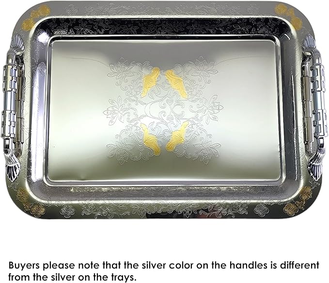 (Pack of 3) 14.2 inch x 10.2 inch Oblong Chrome Plated Serving Tray with Handles Stylish Design Iron Gold Floral Engraved Decorative Wedding Dessert Buffet Wine Platter Plate NC-262