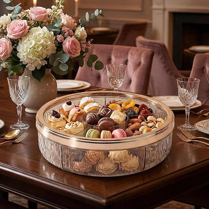Divided Serving Tray with Transparent Lid Snack Tray Rotatable Base Appetizer Platter with 6 Compartments Dessert Dish Suitable for Gift Giving Home D, Rose Golden Bow