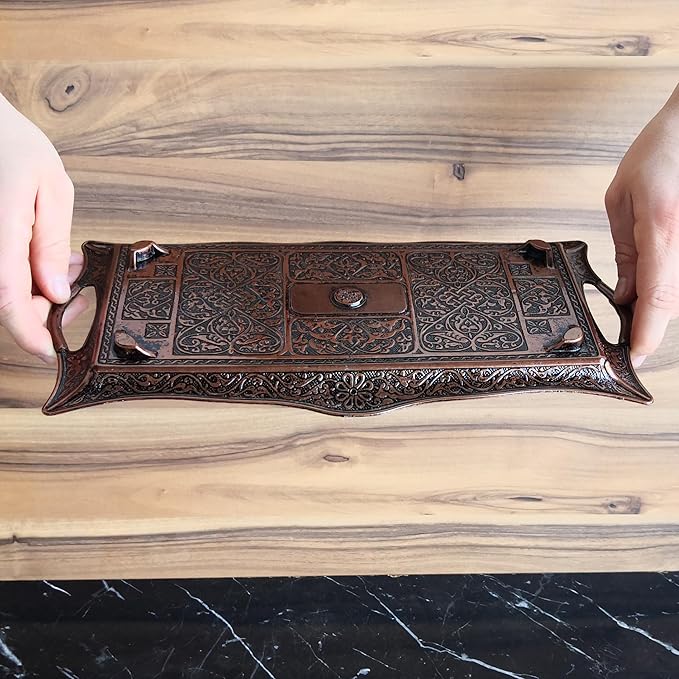 Metal Serving Tray with Raised Edges, Vintage Design Tray, Rectangular Metal Serving Tray, Decorative Serving Platter, Turkish Ottoman Coffee Tea Beverage Serving Square Tray (Aged Brown)