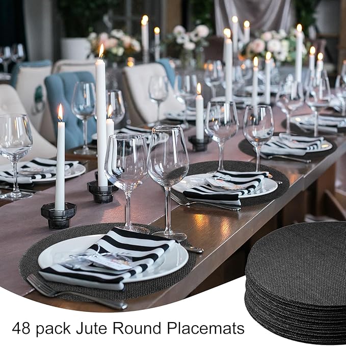Yunlly Set of 48 Round Burlap Placemats Bulk Burlap Farmhouse Placemats Set Heat Resistant Table Mats Circle Jute Charger Place Mats for Wedding Holiday Dinner Rustic Table Decorations(11.8 in,Black)