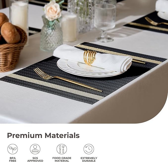 Leetaltree Sparkling Black Vinyl Woven Placemats Set of 4 - Washable Dining Table Place Mats Striped, Suitable for Wedding, Anniversary, Daily Use