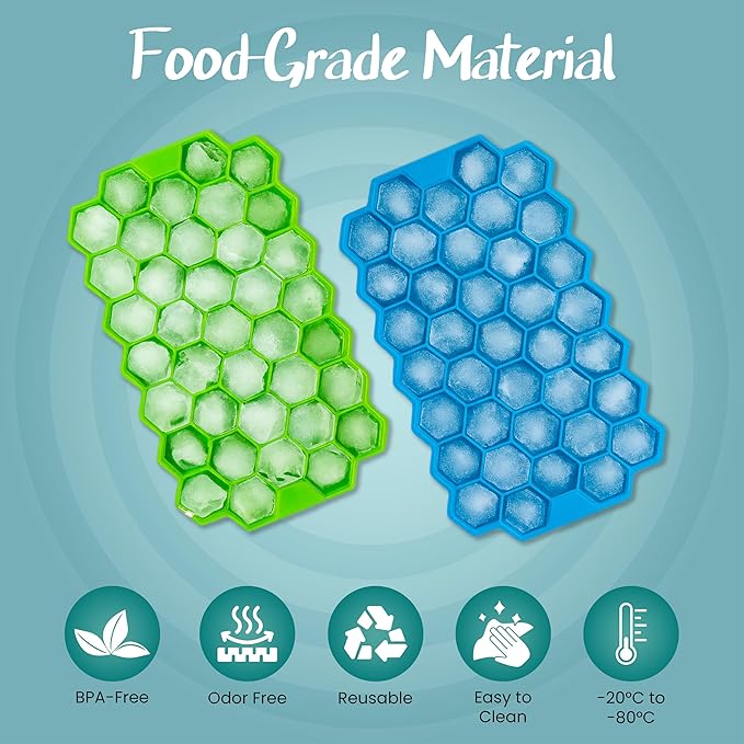2 Pack Honeycomb silicone ice cube trays, BPA-Free reusable Easy Release 74 Grid ice cube mold for freezer, hexagon ice cube tray, Hexagonal ice cube maker for Cocktails/Whiskey/Coffee/Drink