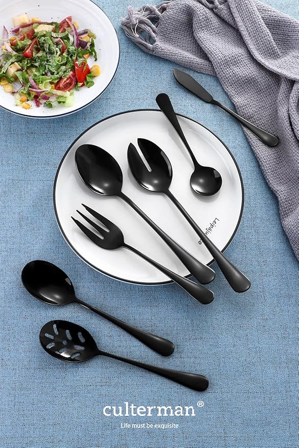 Black Serving utensils set. Stainless Steel Hostess Flatware Sets 7-Piece Includes Silverware Large Salad Spoons,Forks,knifes.Dishwasher Safe.
