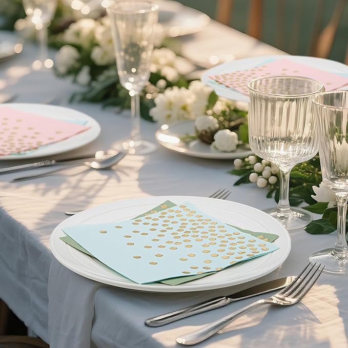 80 Pack of Paper Cocktail Napkins with Gold Foil Polka Dot Confetti，Polka Dot Party Supplies(5 x 5 in，2-ply) (80, pink green blue purple)